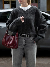 Solid V Neck Knitted Loose Pullover Fashion Long Sleeves Thick Sweater